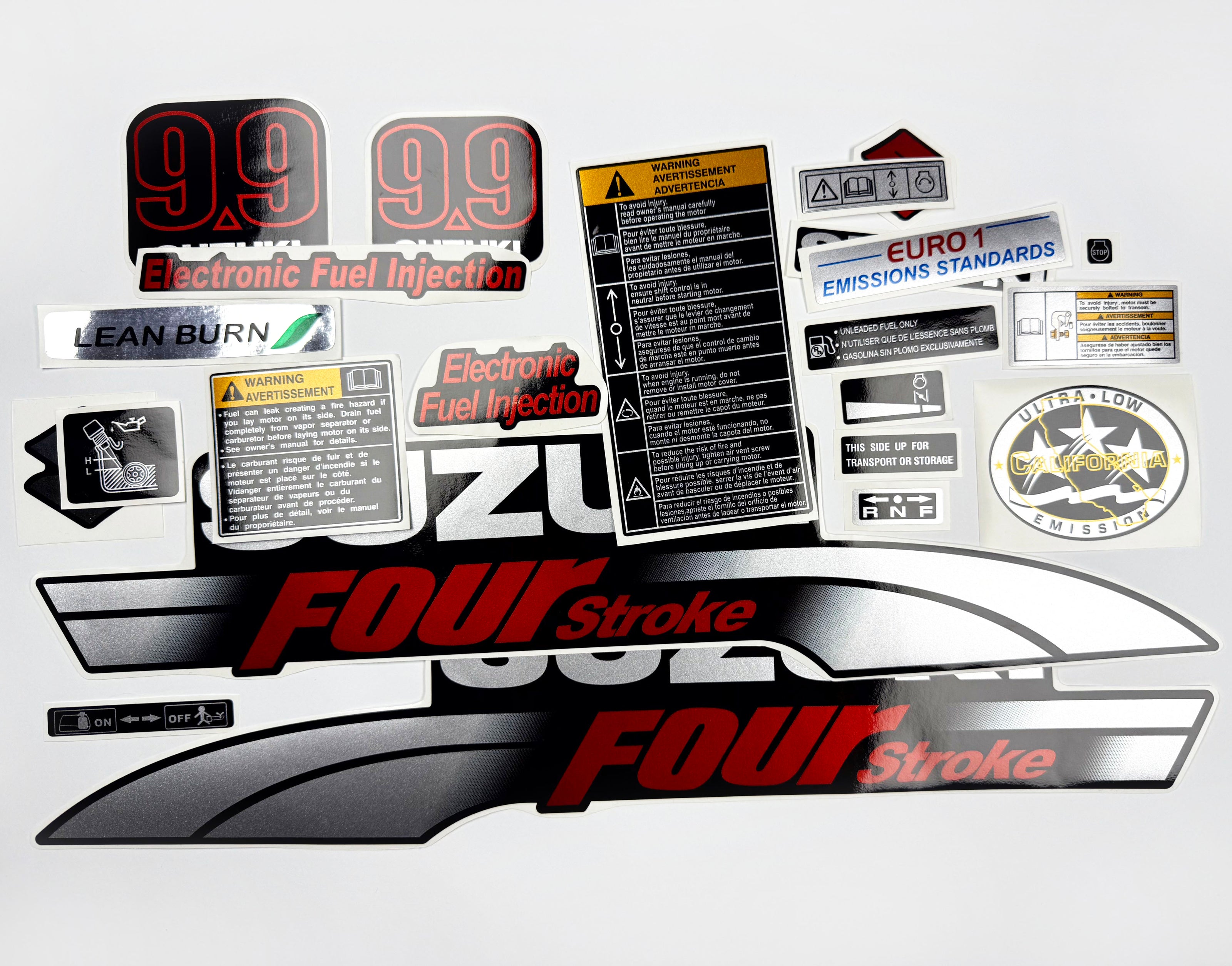 Vinyl graphic silver red shimmer decals set suitable for Suzuki 9.9 hp four stroke outboard engine. Vinyl stickers kit for suzuki 9.9 hp four stroke Handmade
