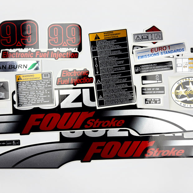 Vinyl graphic silver red shimmer decals set suitable for Suzuki 9.9 hp four stroke outboard engine. Vinyl stickers kit for suzuki 9.9 hp four stroke Handmade
