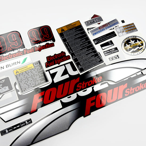 Vinyl graphic silver red shimmer decals set suitable for Suzuki 9.9 hp four stroke outboard engine. Vinyl stickers kit for suzuki 9.9 hp four stroke Handmade