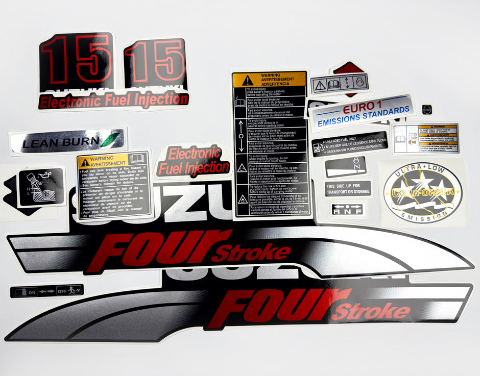 Vinyl graphic silver red shimmer decals set suitable for Suzuki 15 hp four stroke outboard engine. Vinyl stickers kit for suzuki 15 hp four stroke Handmade