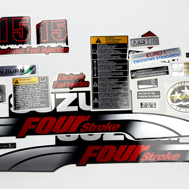 Vinyl graphic silver red shimmer decals set suitable for Suzuki 15 hp four stroke outboard engine. Vinyl stickers kit for suzuki 15 hp four stroke Handmade