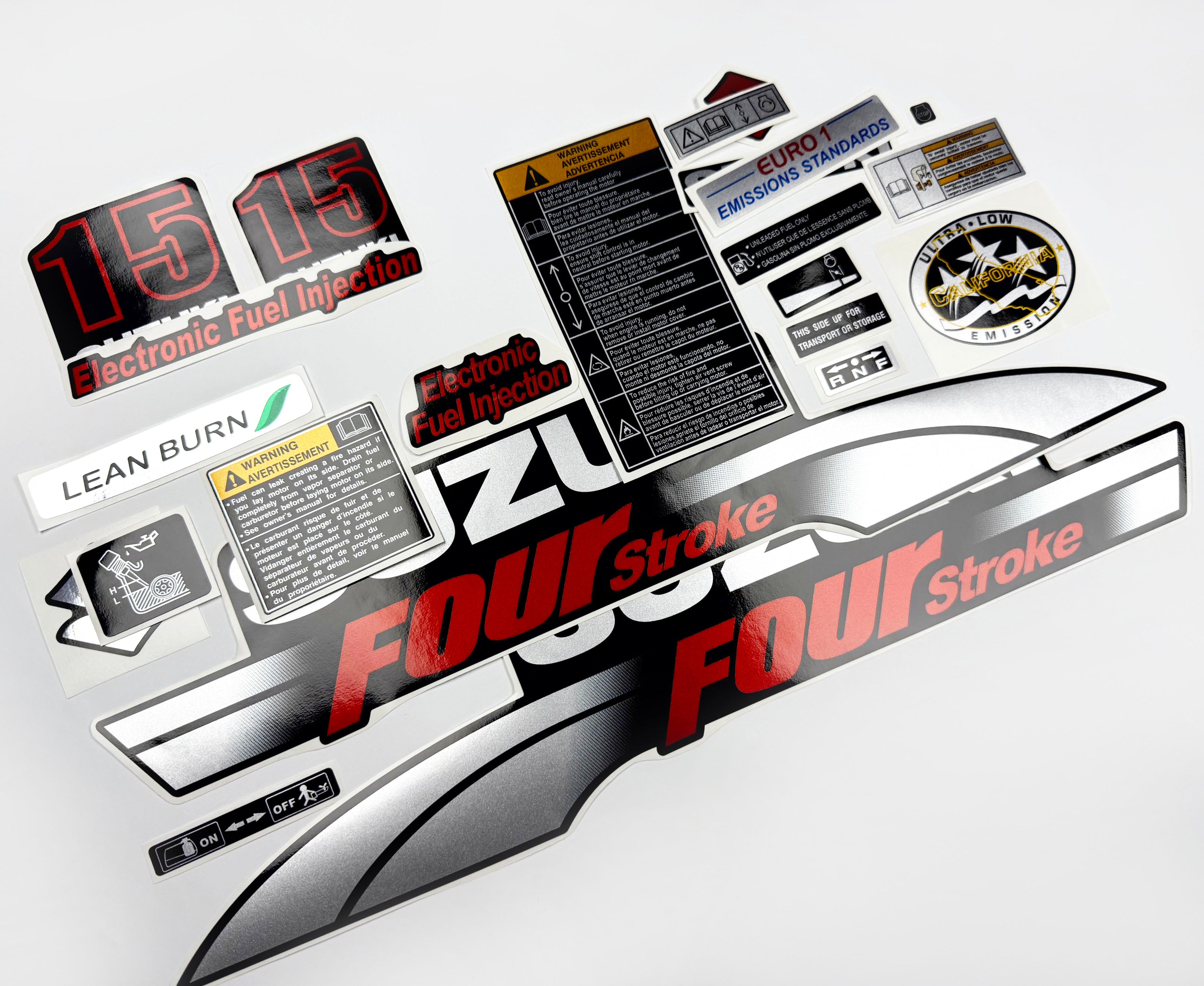 Vinyl graphic silver red shimmer decals set suitable for Suzuki 15 hp four stroke outboard engine. Vinyl stickers kit for suzuki 15 hp four stroke Handmade