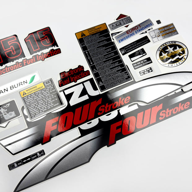 Vinyl graphic silver red shimmer decals set suitable for Suzuki 15 hp four stroke outboard engine. Vinyl stickers kit for suzuki 15 hp four stroke Handmade