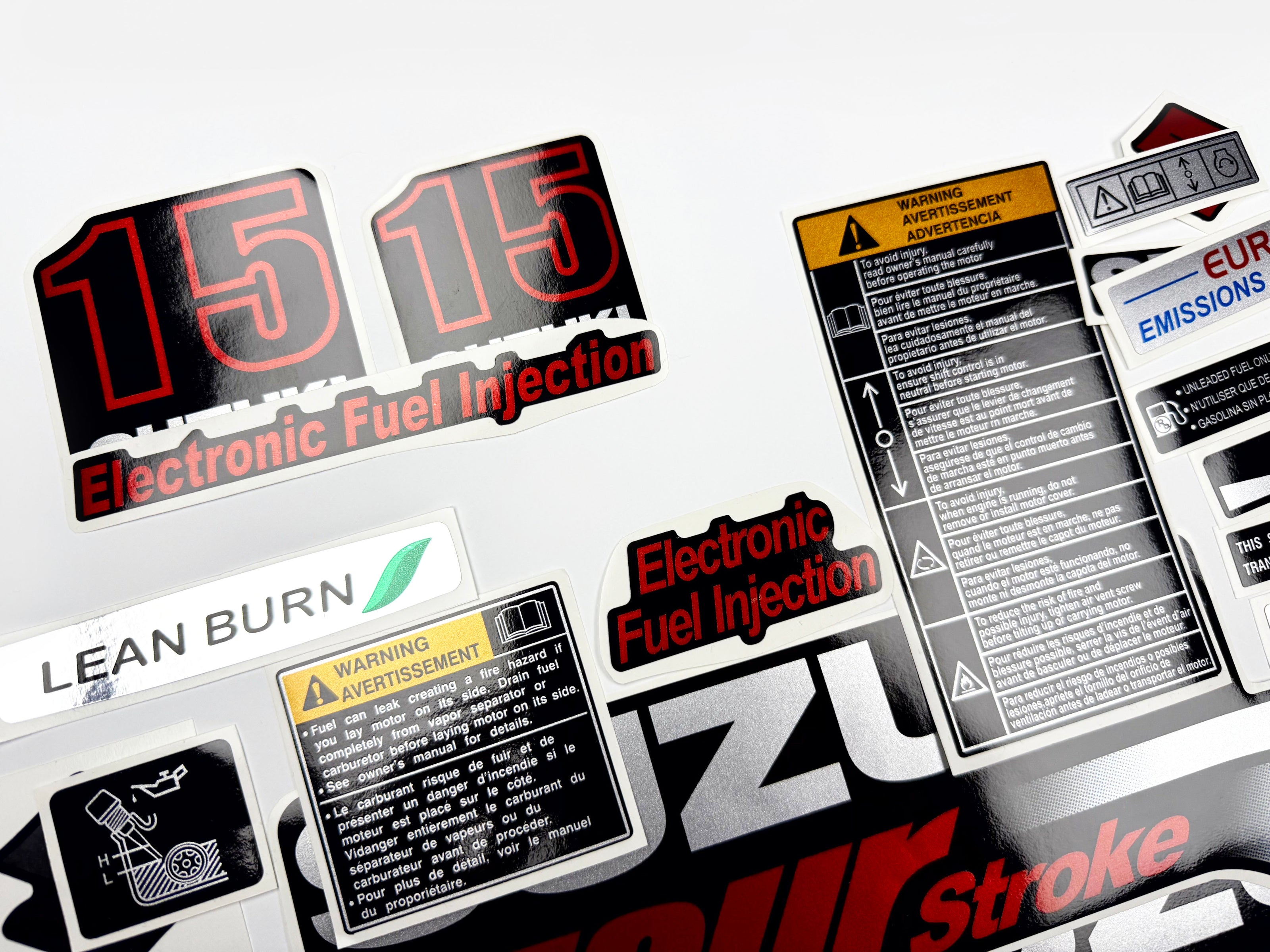 Vinyl graphic silver red shimmer decals set suitable for Suzuki 15 hp four stroke outboard engine. Vinyl stickers kit for suzuki 15 hp four stroke Handmade