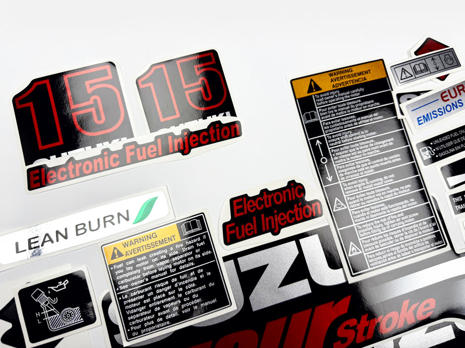 Vinyl graphic silver red shimmer decals set suitable for Suzuki 15 hp four stroke outboard engine. Vinyl stickers kit for suzuki 15 hp four stroke Handmade
