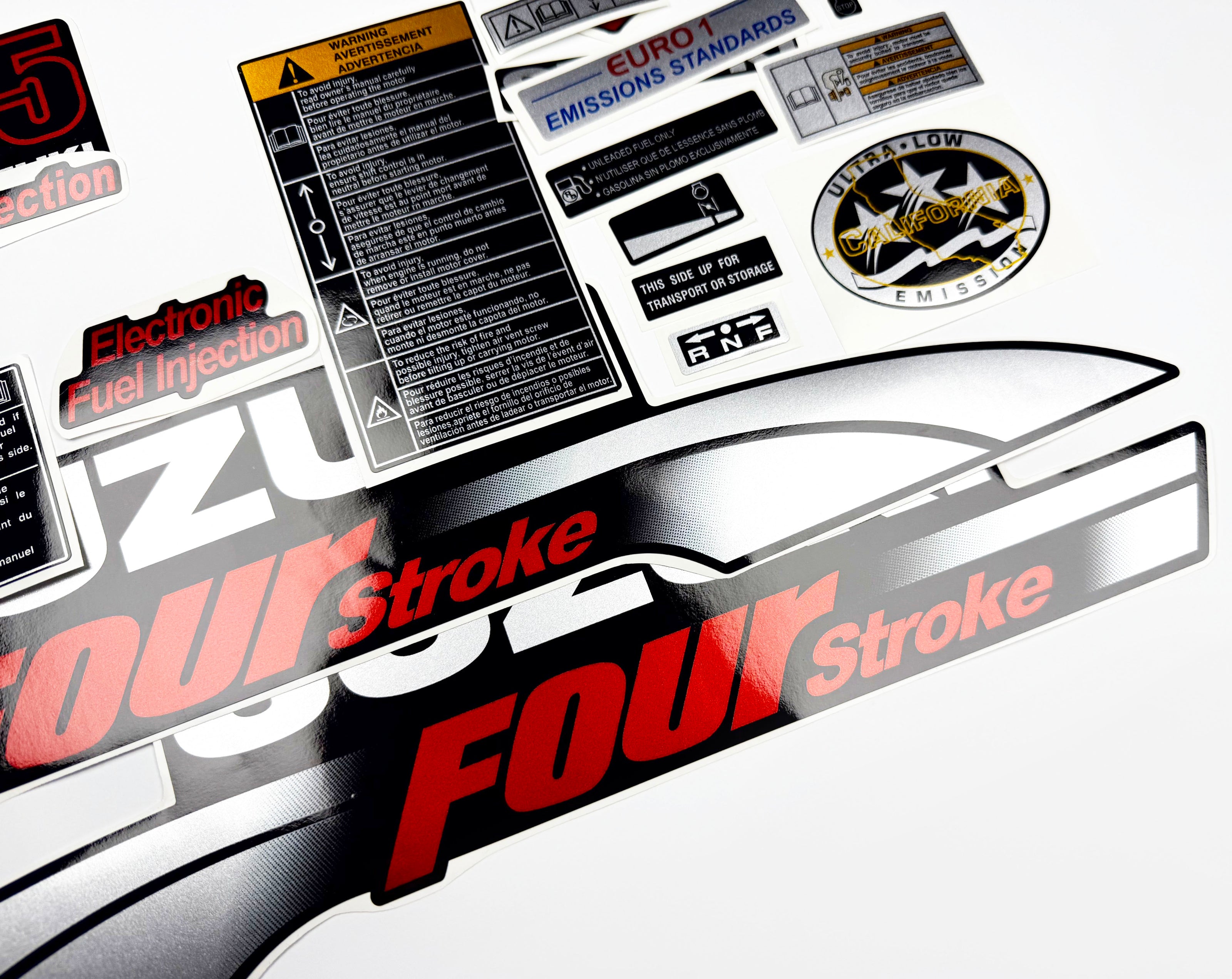 Vinyl graphic silver red shimmer decals set suitable for Suzuki 15 hp four stroke outboard engine. Vinyl stickers kit for suzuki 15 hp four stroke Handmade