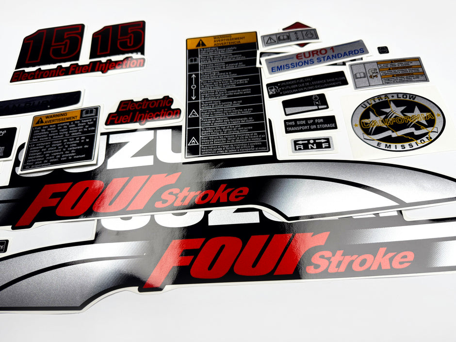 Vinyl graphic silver red shimmer decals set suitable for Suzuki 15 hp four stroke outboard engine. Vinyl stickers kit for suzuki 15 hp four stroke Handmade