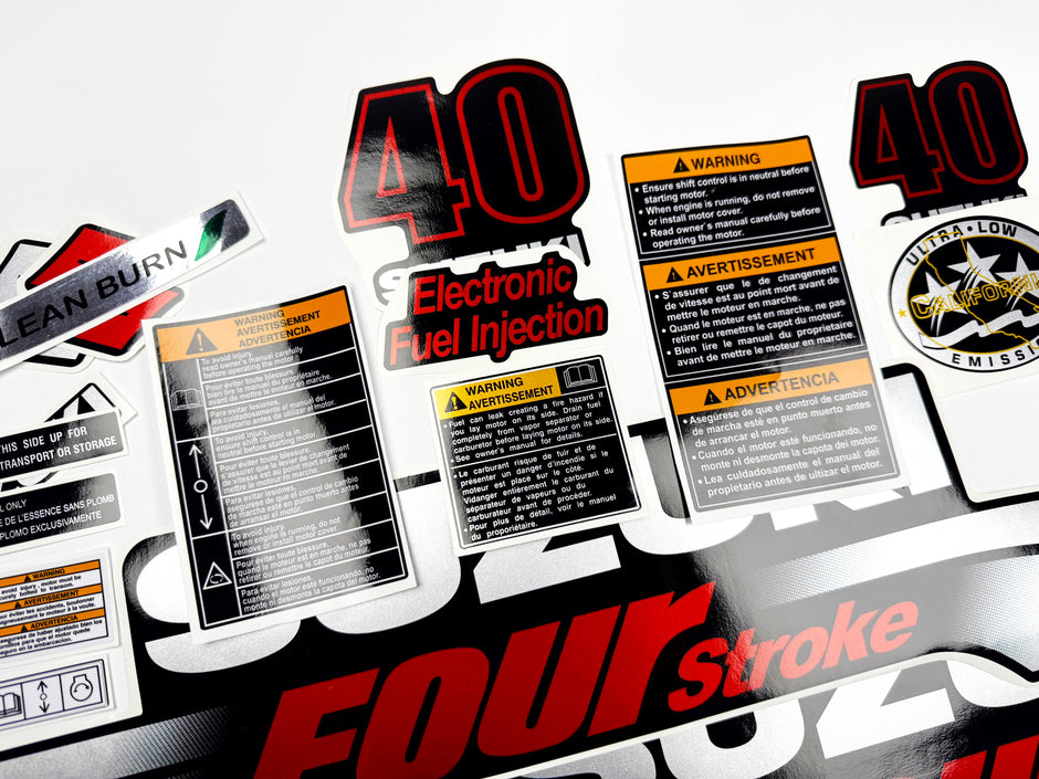 Vinyl graphic silver metalized shimmer decals set suitable for Suzuki 40 hp four stroke outboard engine. Vinyl stickers kit for suzuki 40 hp four stroke Handmade