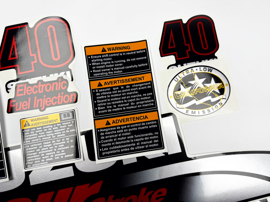 Vinyl graphic silver metalized shimmer decals set suitable for Suzuki 40 hp four stroke outboard engine. Vinyl stickers kit for suzuki 40 hp four stroke Handmade
