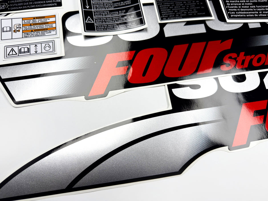 Vinyl graphic silver metalized shimmer decals set suitable for Suzuki 40 hp four stroke outboard engine. Vinyl stickers kit for suzuki 40 hp four stroke Handmade