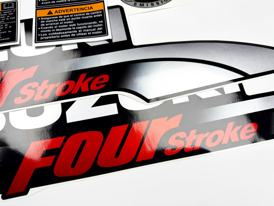 Vinyl graphic silver metalized shimmer decals set suitable for Suzuki 40 hp four stroke outboard engine. Vinyl stickers kit for suzuki 40 hp four stroke Handmade