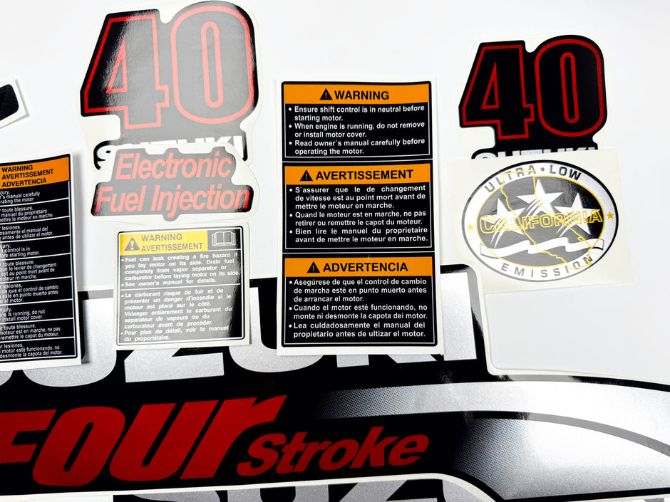 Vinyl graphic silver metalized shimmer decals set suitable for Suzuki 40 hp four stroke outboard engine. Vinyl stickers kit for suzuki 40 hp four stroke Handmade