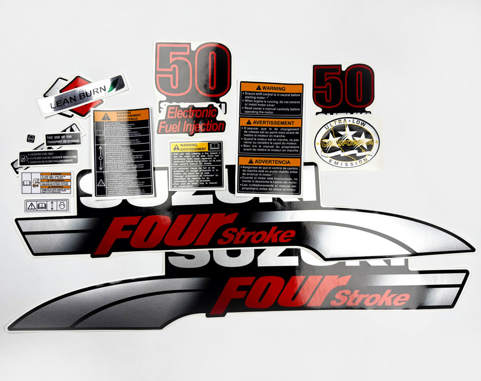 Vinyl graphic silver metalized shimmer decals set suitable for Suzuki 50 hp four stroke outboard engine. Vinyl stickers kit for suzuki 50 hp four stroke Handmade