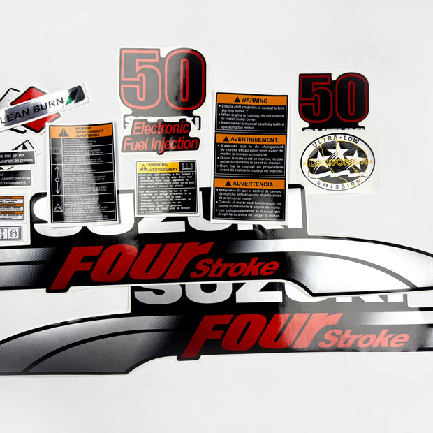Vinyl graphic silver metalized shimmer decals set suitable for Suzuki 50 hp four stroke outboard engine. Vinyl stickers kit for suzuki 50 hp four stroke Handmade