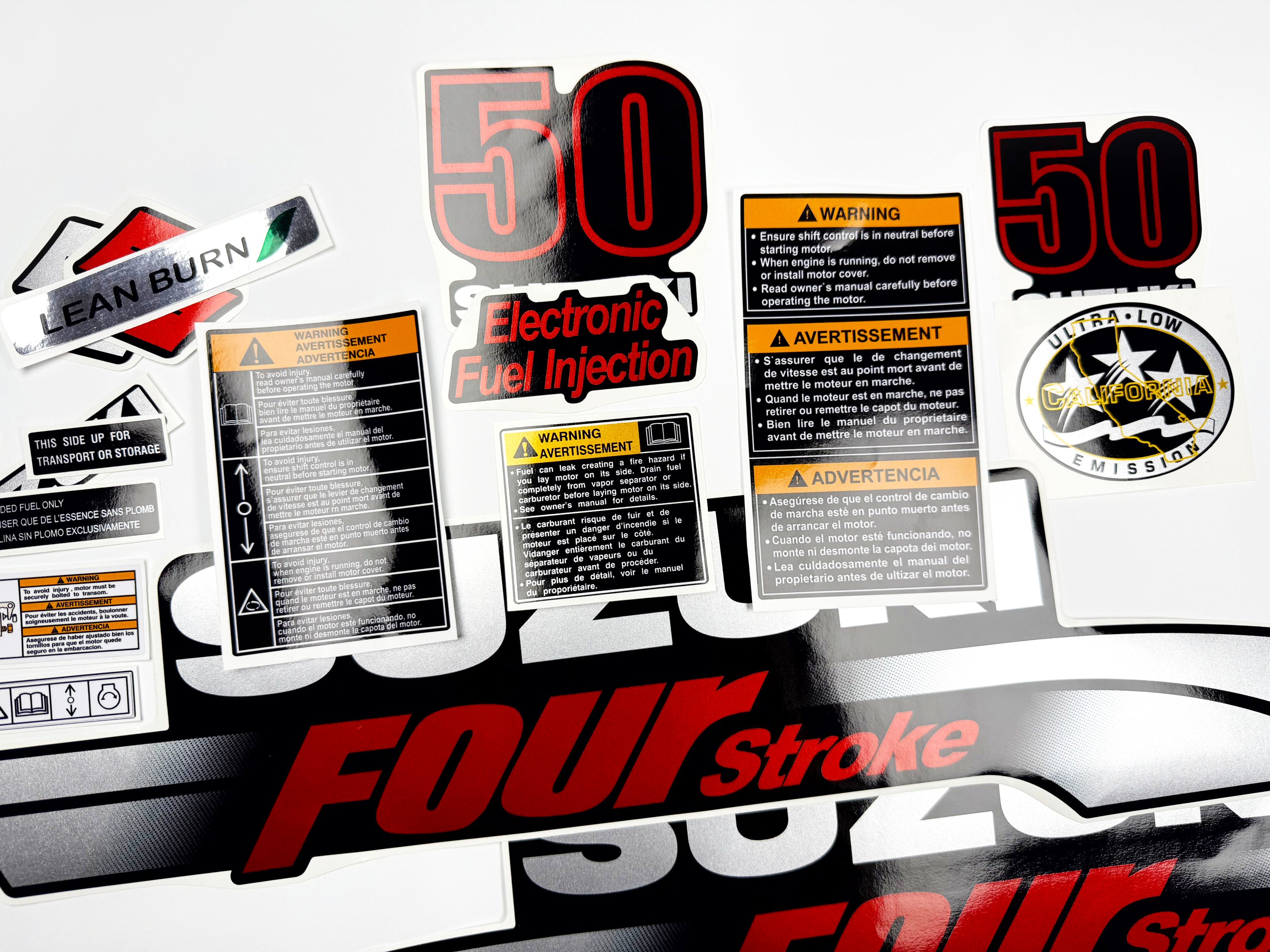 Vinyl graphic silver metalized shimmer decals set suitable for Suzuki 50 hp four stroke outboard engine. Vinyl stickers kit for suzuki 50 hp four stroke Handmade