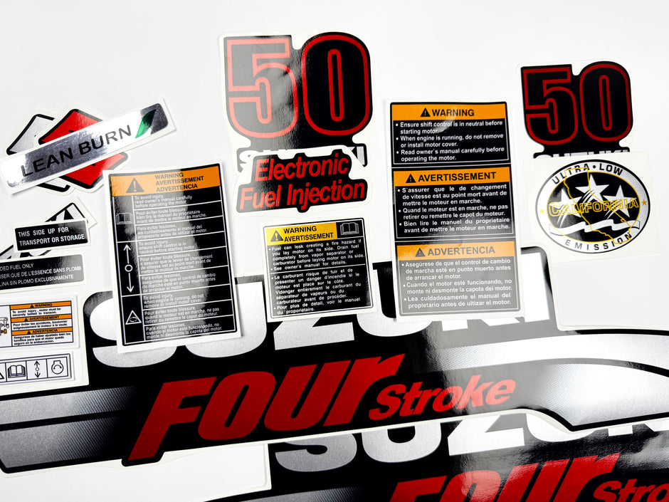 Vinyl graphic silver metalized shimmer decals set suitable for Suzuki 50 hp four stroke outboard engine. Vinyl stickers kit for suzuki 50 hp four stroke Handmade
