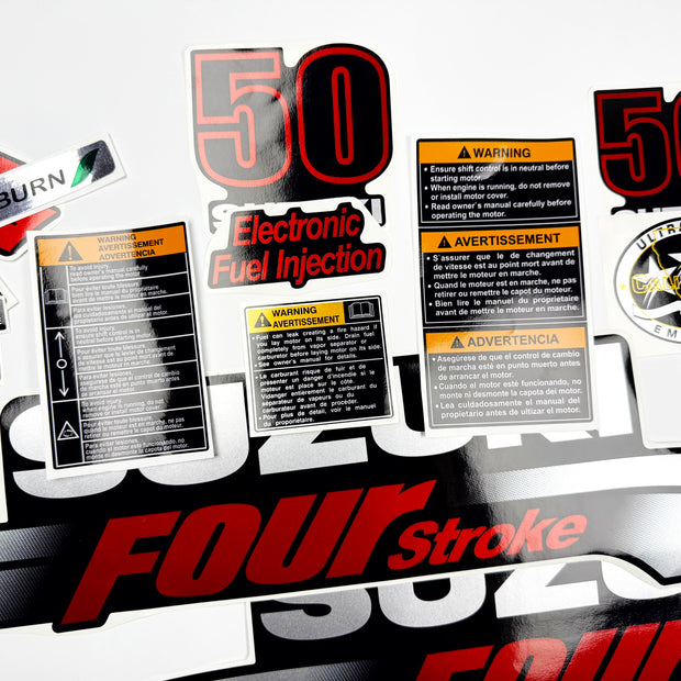 Vinyl graphic silver metalized shimmer decals set suitable for Suzuki 50 hp four stroke outboard engine. Vinyl stickers kit for suzuki 50 hp four stroke Handmade