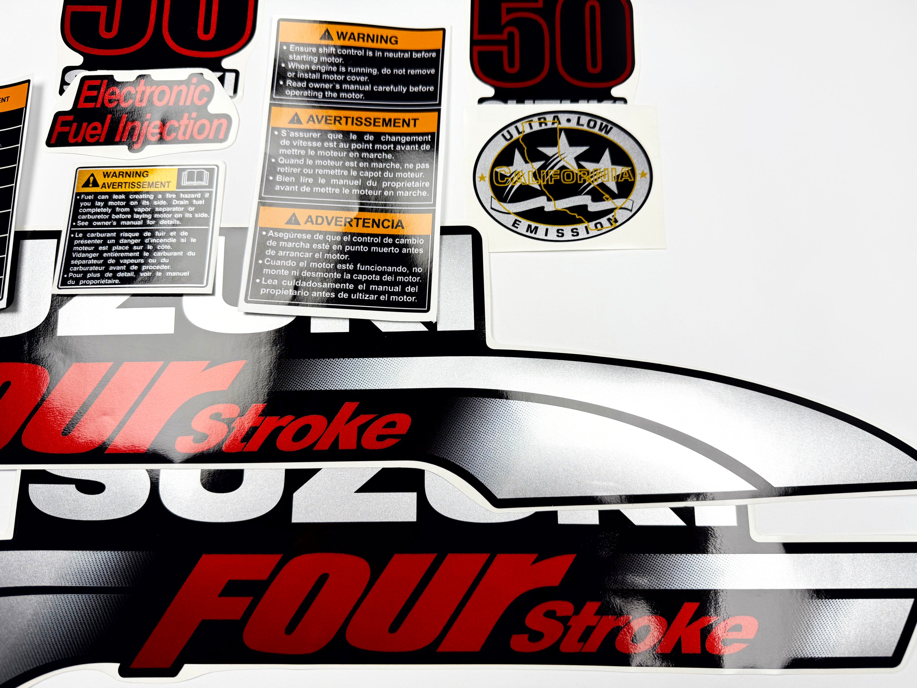 Vinyl graphic silver metalized shimmer decals set suitable for Suzuki 50 hp four stroke outboard engine. Vinyl stickers kit for suzuki 50 hp four stroke Handmade