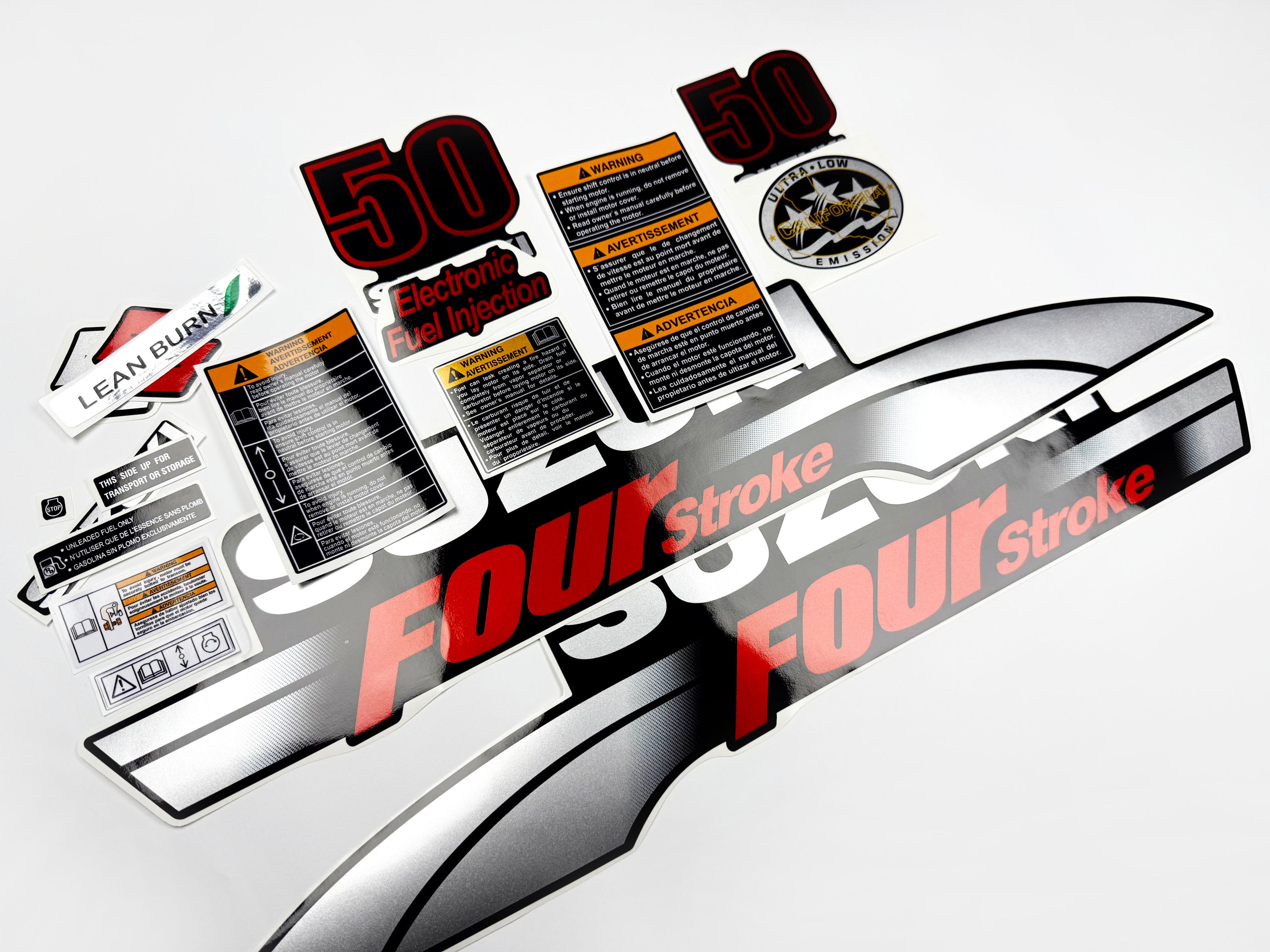 Vinyl graphic silver metalized shimmer decals set suitable for Suzuki 50 hp four stroke outboard engine. Vinyl stickers kit for suzuki 50 hp four stroke Handmade