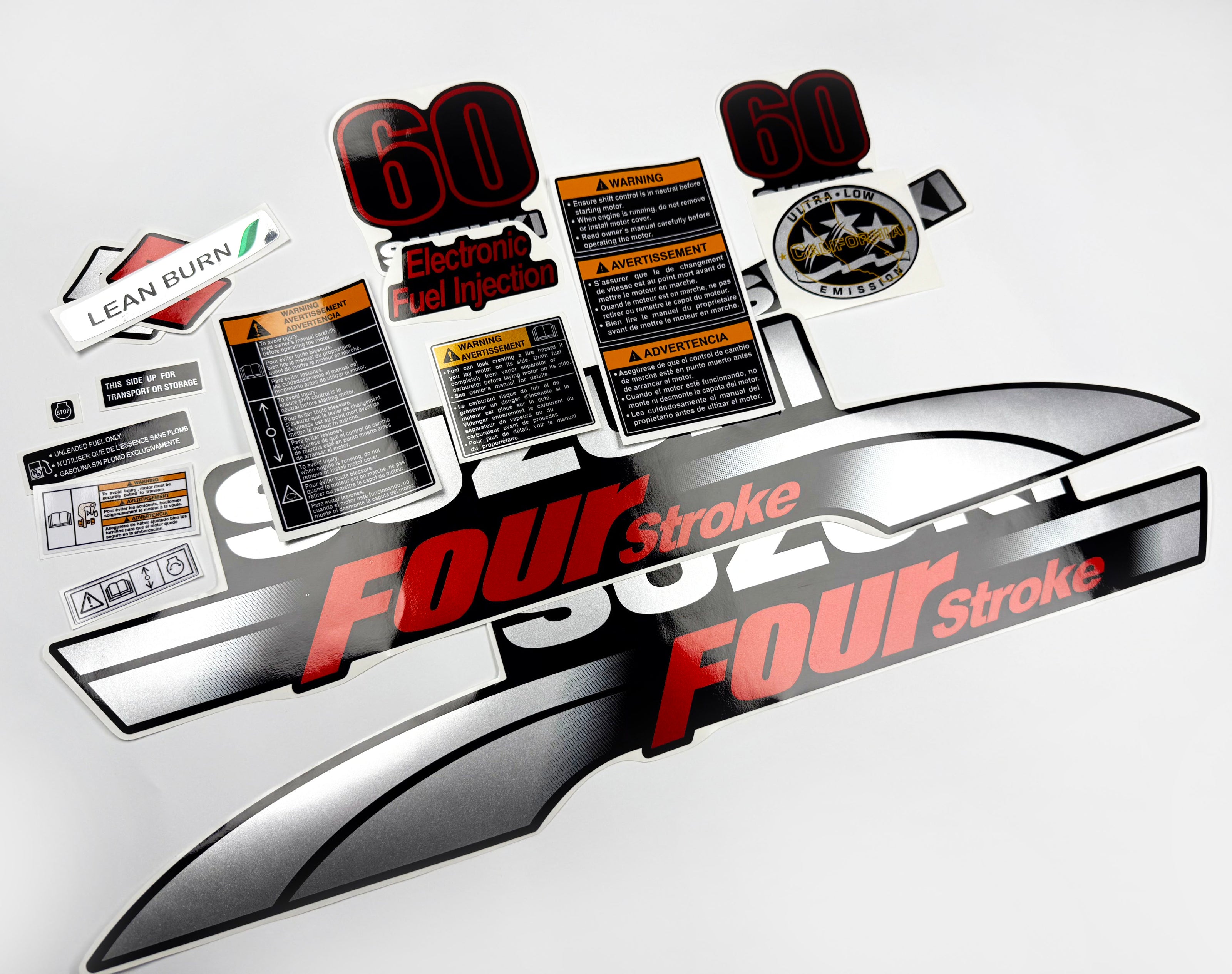 Vinyl graphic silver metalized shimmer decals set suitable for Suzuki 60 hp four stroke outboard engine. Vinyl stickers kit for suzuki 60 hp four stroke Handmade