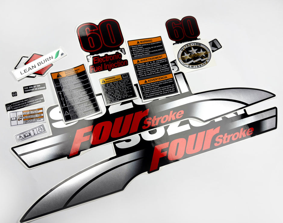 Vinyl graphic silver metalized shimmer decals set suitable for Suzuki 60 hp four stroke outboard engine. Vinyl stickers kit for suzuki 60 hp four stroke Handmade