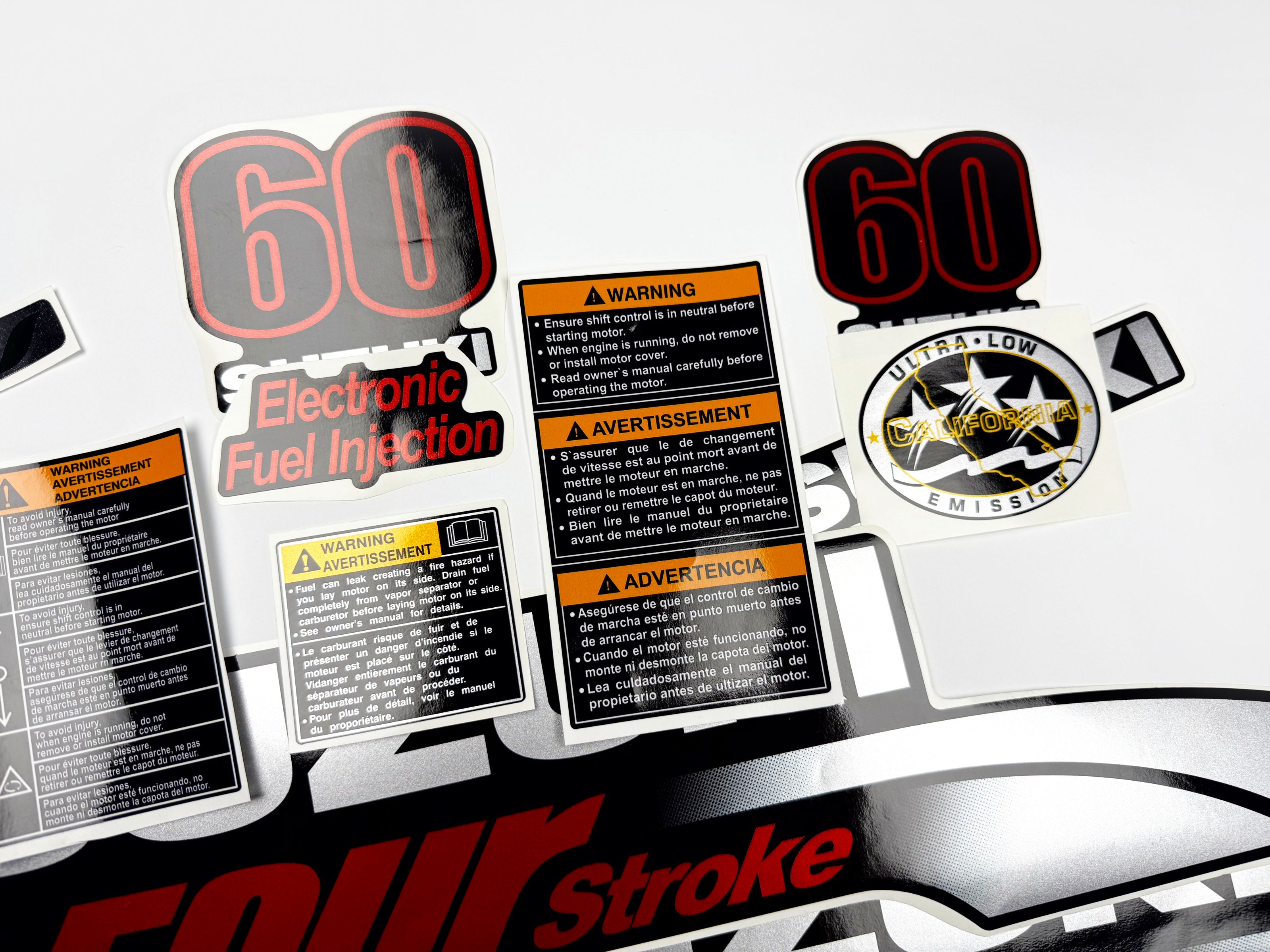 Vinyl graphic silver metalized shimmer decals set suitable for Suzuki 60 hp four stroke outboard engine. Vinyl stickers kit for suzuki 60 hp four stroke Handmade
