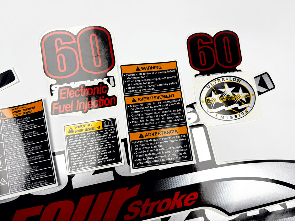 Vinyl graphic silver metalized shimmer decals set suitable for Suzuki 60 hp four stroke outboard engine. Vinyl stickers kit for suzuki 60 hp four stroke Handmade