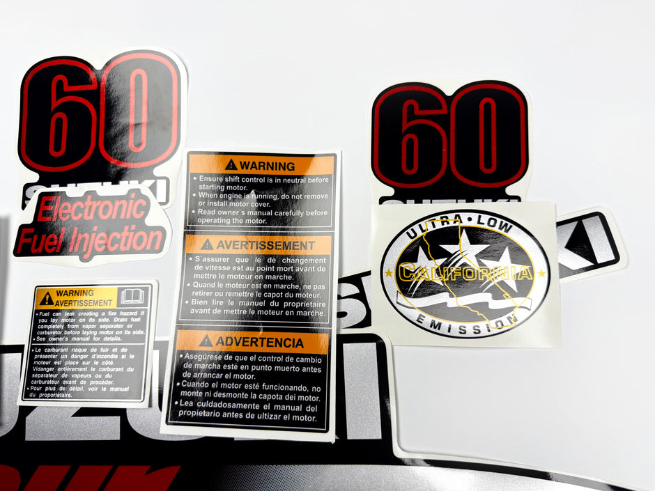 Vinyl graphic silver metalized shimmer decals set suitable for Suzuki 60 hp four stroke outboard engine. Vinyl stickers kit for suzuki 60 hp four stroke Handmade