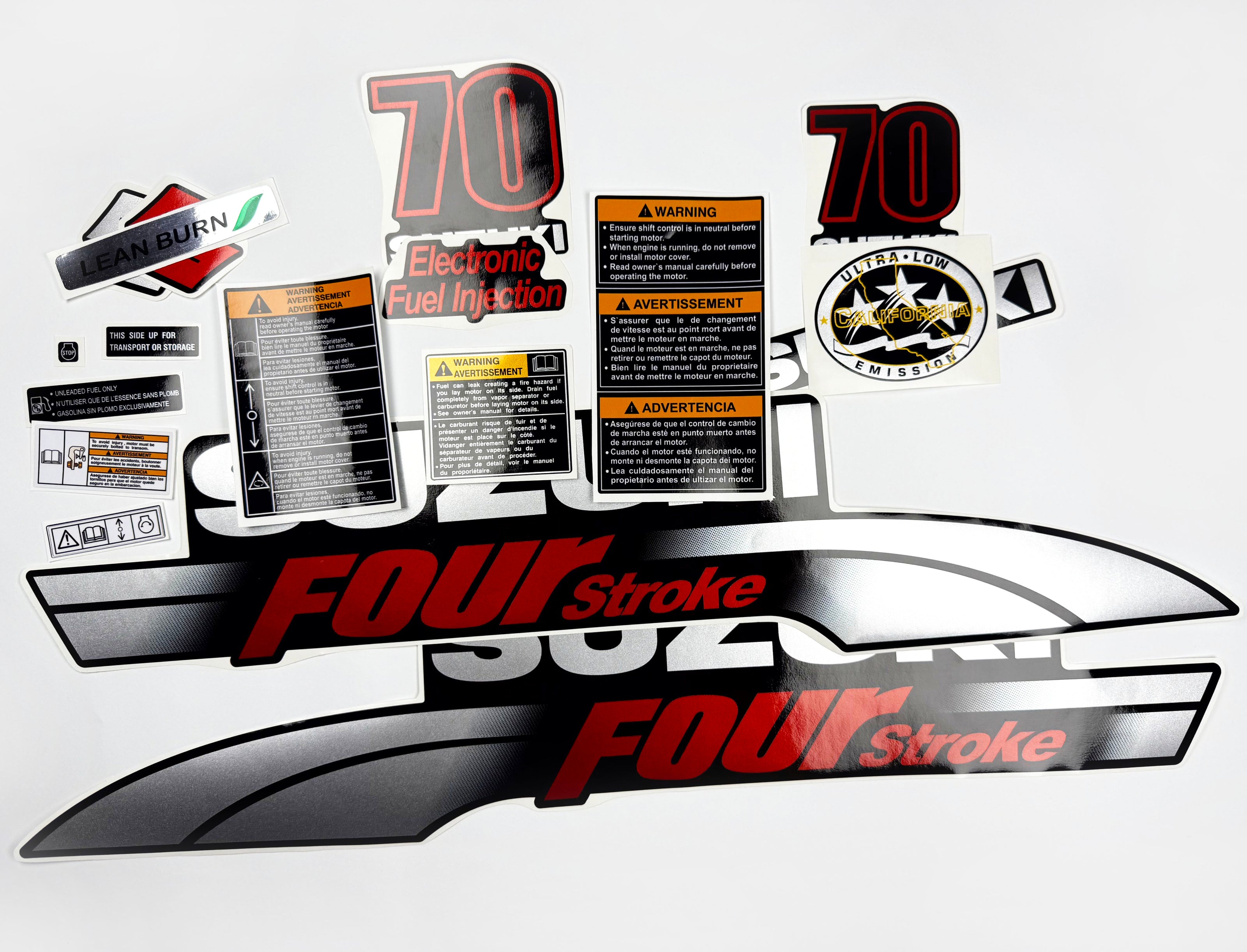 Vinyl graphic silver metalized shimmer decals set suitable for Suzuki 70 hp four stroke outboard engine. Vinyl stickers kit for suzuki 70 hp four stroke Handmade