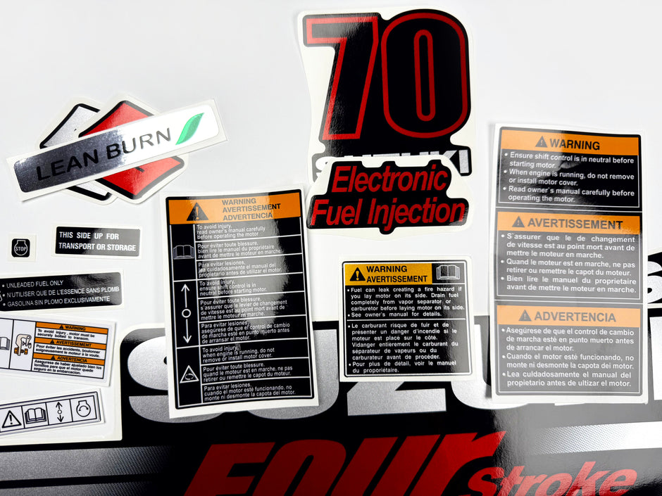 Vinyl graphic silver metalized shimmer decals set suitable for Suzuki 70 hp four stroke outboard engine. Vinyl stickers kit for suzuki 70 hp four stroke Handmade