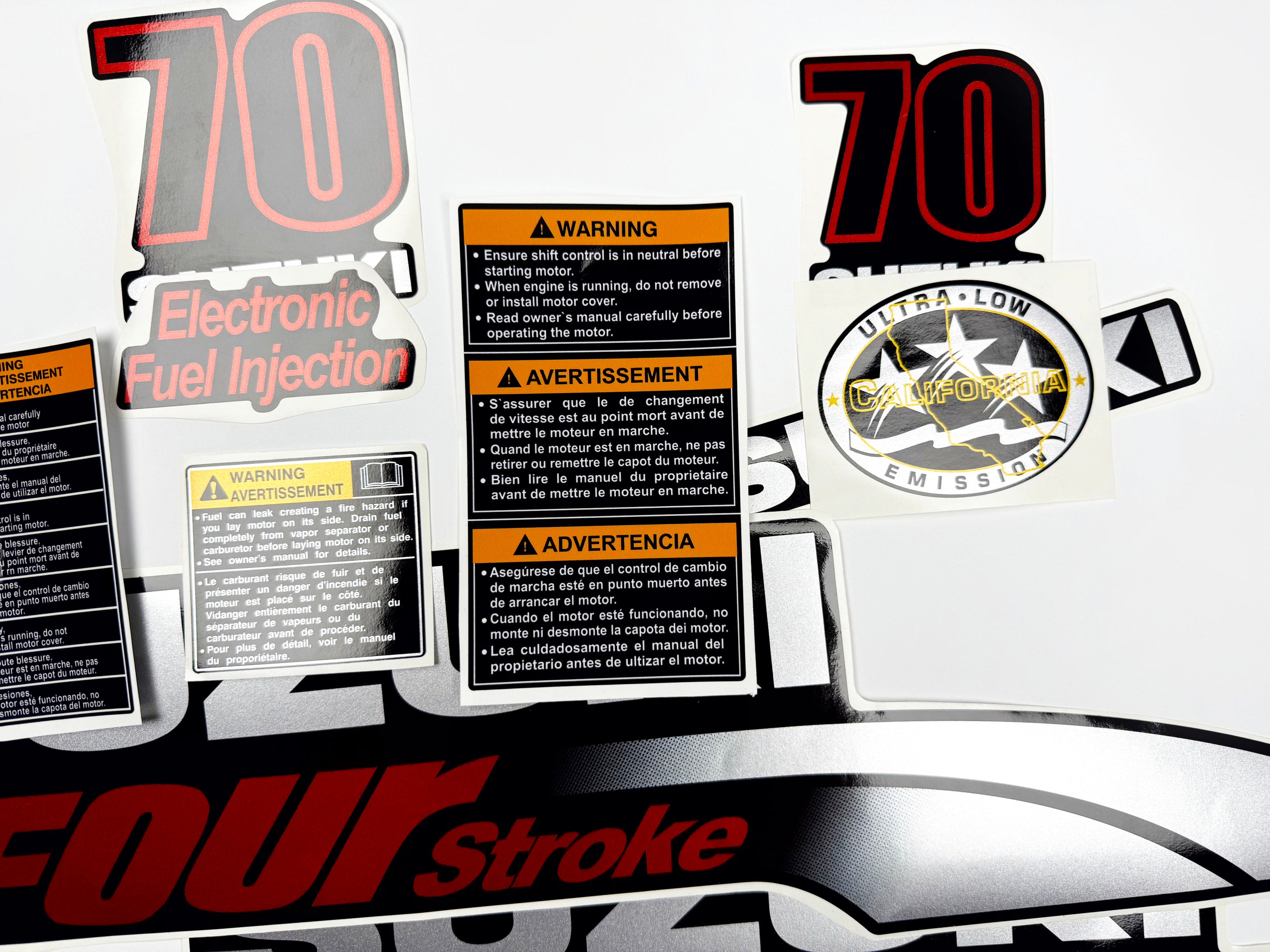 Vinyl graphic silver metalized shimmer decals set suitable for Suzuki 70 hp four stroke outboard engine. Vinyl stickers kit for suzuki 70 hp four stroke Handmade