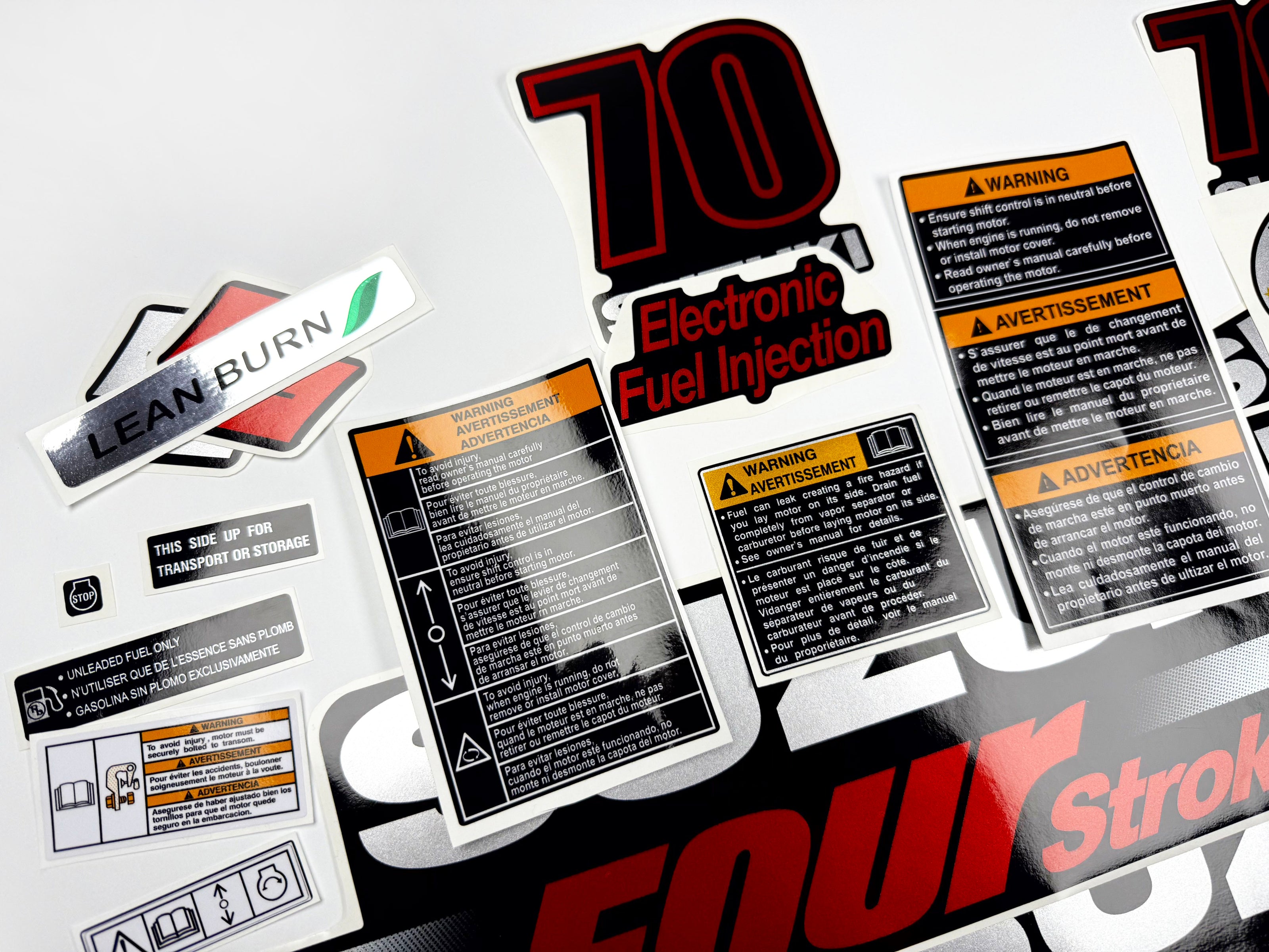 Vinyl graphic silver metalized shimmer decals set suitable for Suzuki 70 hp four stroke outboard engine. Vinyl stickers kit for suzuki 70 hp four stroke Handmade