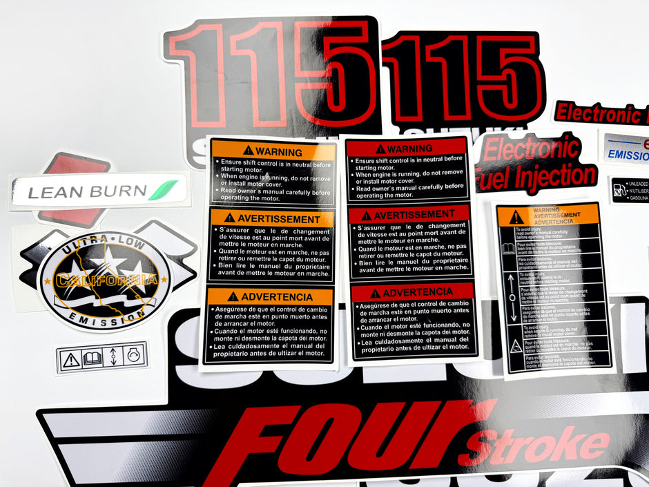Vinyl graphic decals set suitable for Suzuki 115 hp four stroke outboard engine. Vinyl stickers kit for suzuki 115 hp four stroke Handmade