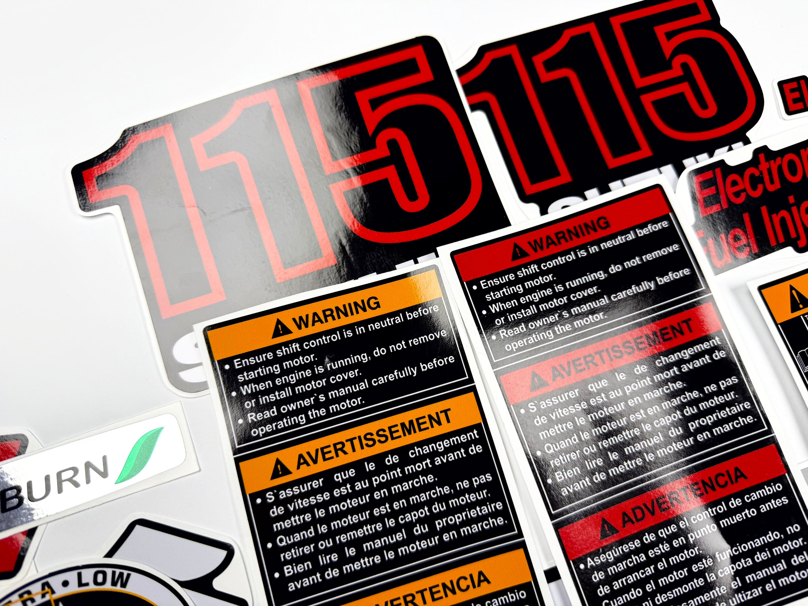 Vinyl graphic decals set suitable for Suzuki 115 hp four stroke outboard engine. Vinyl stickers kit for suzuki 115 hp four stroke Handmade