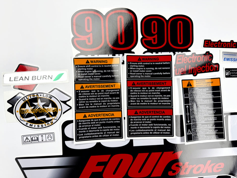 Vinyl graphic red black decals set suitable for Suzuki 90 hp four stroke outboard engine. Vinyl stickers kit for suzuki 90 hp four stroke Handmade