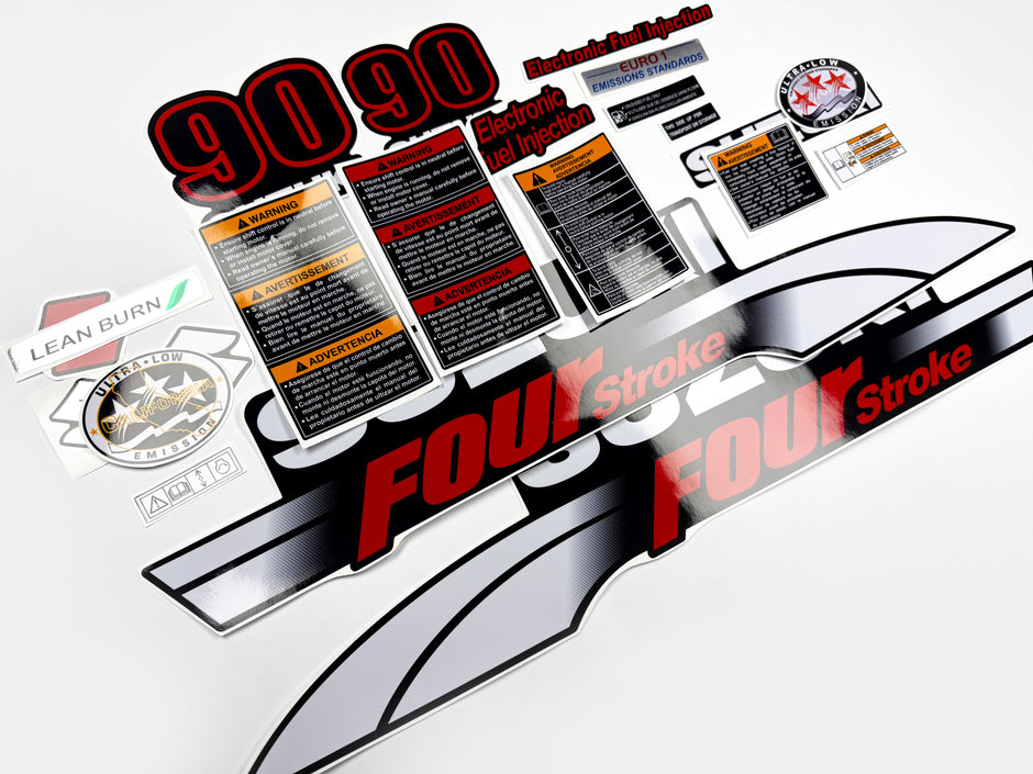 Vinyl graphic red black decals set suitable for Suzuki 90 hp four stroke outboard engine. Vinyl stickers kit for suzuki 90 hp four stroke Handmade