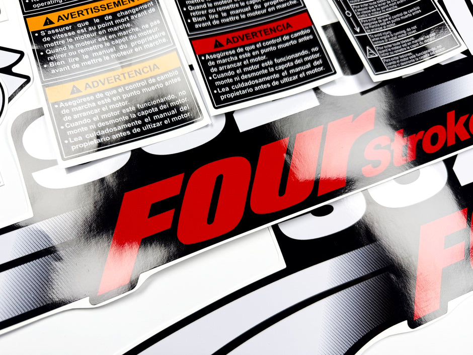 Vinyl graphic red black decals set suitable for Suzuki 90 hp four stroke outboard engine. Vinyl stickers kit for suzuki 90 hp four stroke Handmade