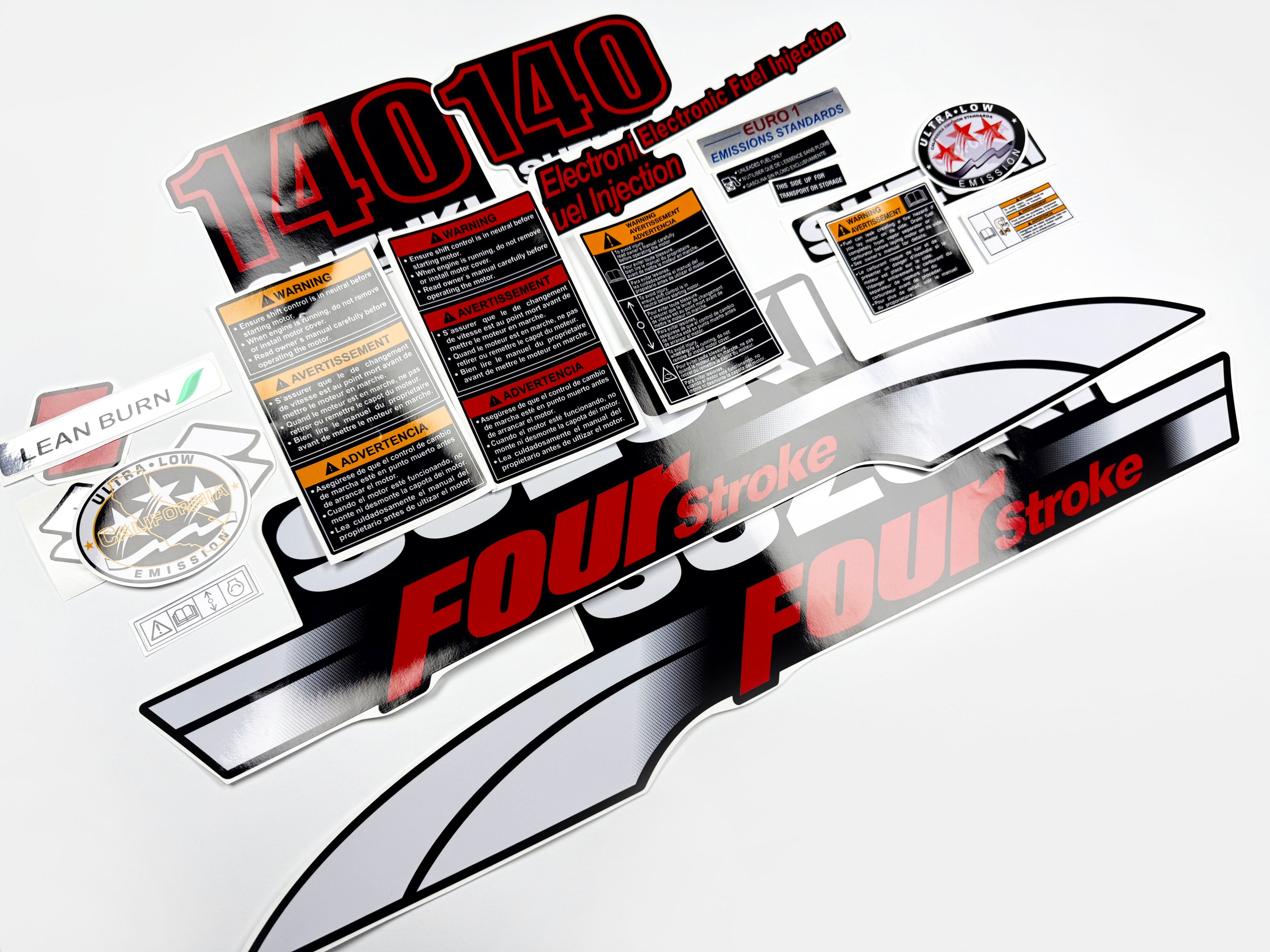 Vinyl graphic decals set suitable for Suzuki 140 hp four stroke outboard engine. Vinyl stickers kit for suzuki 140 hp four stroke Handmade