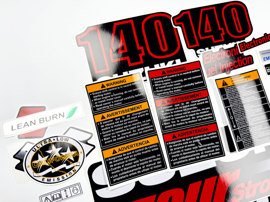 Vinyl graphic decals set suitable for Suzuki 140 hp four stroke outboard engine. Vinyl stickers kit for suzuki 140 hp four stroke Handmade
