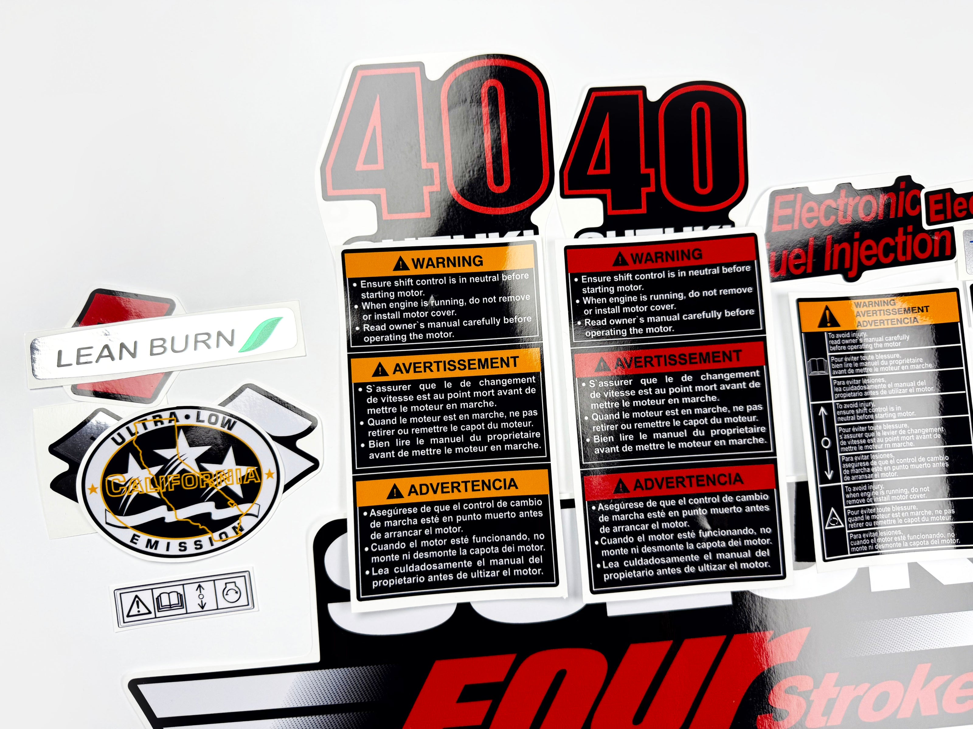 Vinyl graphic decals set suitable for Suzuki 40 hp four stroke outboard engine. Vinyl stickers kit for suzuki 40 hp four stroke Handmade