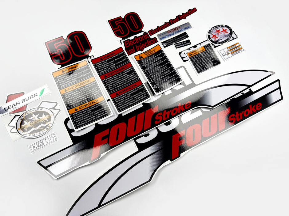 Vinyl graphic decals set suitable for Suzuki 50 hp four stroke outboard engine. Vinyl stickers kit for suzuki 50 hp four stroke Handmade