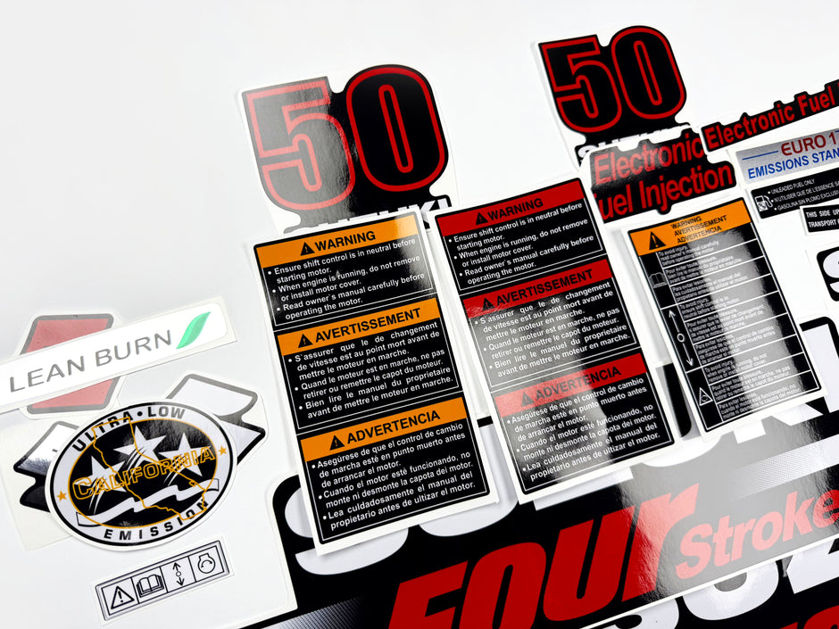 Vinyl graphic decals set suitable for Suzuki 50 hp four stroke outboard engine. Vinyl stickers kit for suzuki 50 hp four stroke Handmade