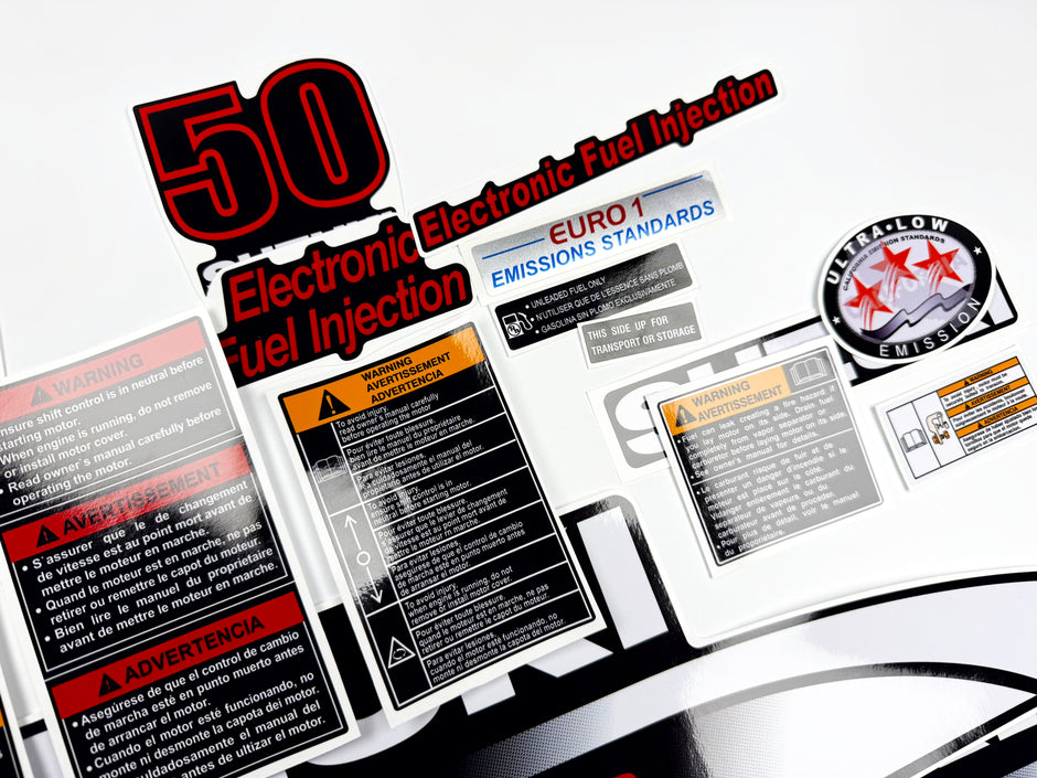 Vinyl graphic decals set suitable for Suzuki 50 hp four stroke outboard engine. Vinyl stickers kit for suzuki 50 hp four stroke Handmade