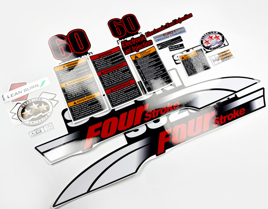Vinyl graphic decals set suitable for Suzuki 60 hp four stroke outboard engine. Vinyl stickers kit for suzuki 60 hp four stroke Handmade