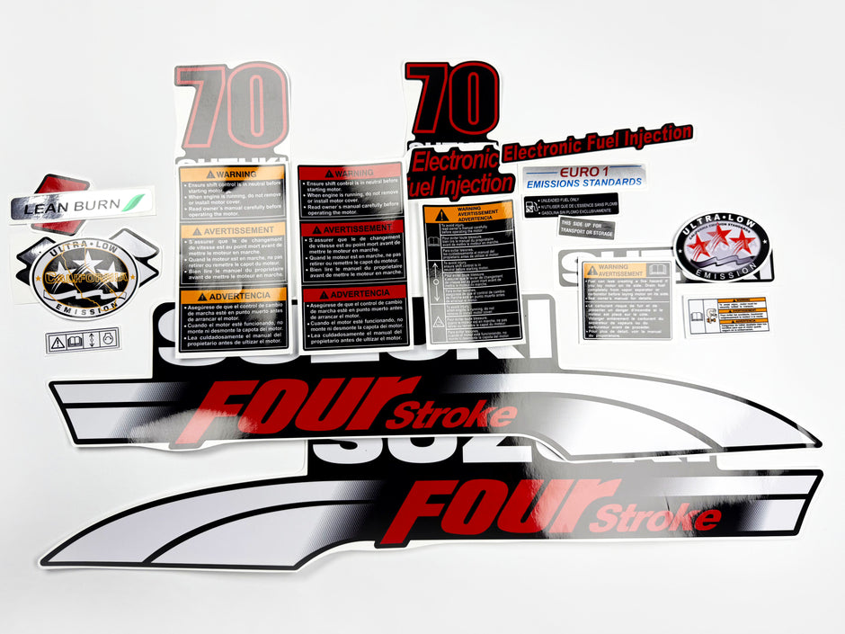 Vinyl graphic decals set suitable for Suzuki 70 hp four stroke outboard engine. Vinyl stickers kit for suzuki 70 hp four stroke Handmade