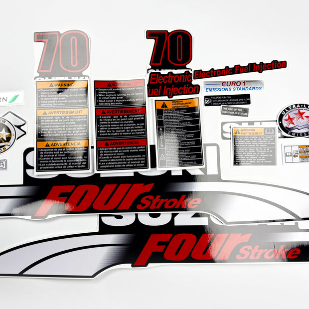 Vinyl graphic decals set suitable for Suzuki 70 hp four stroke outboard engine. Vinyl stickers kit for suzuki 70 hp four stroke Handmade