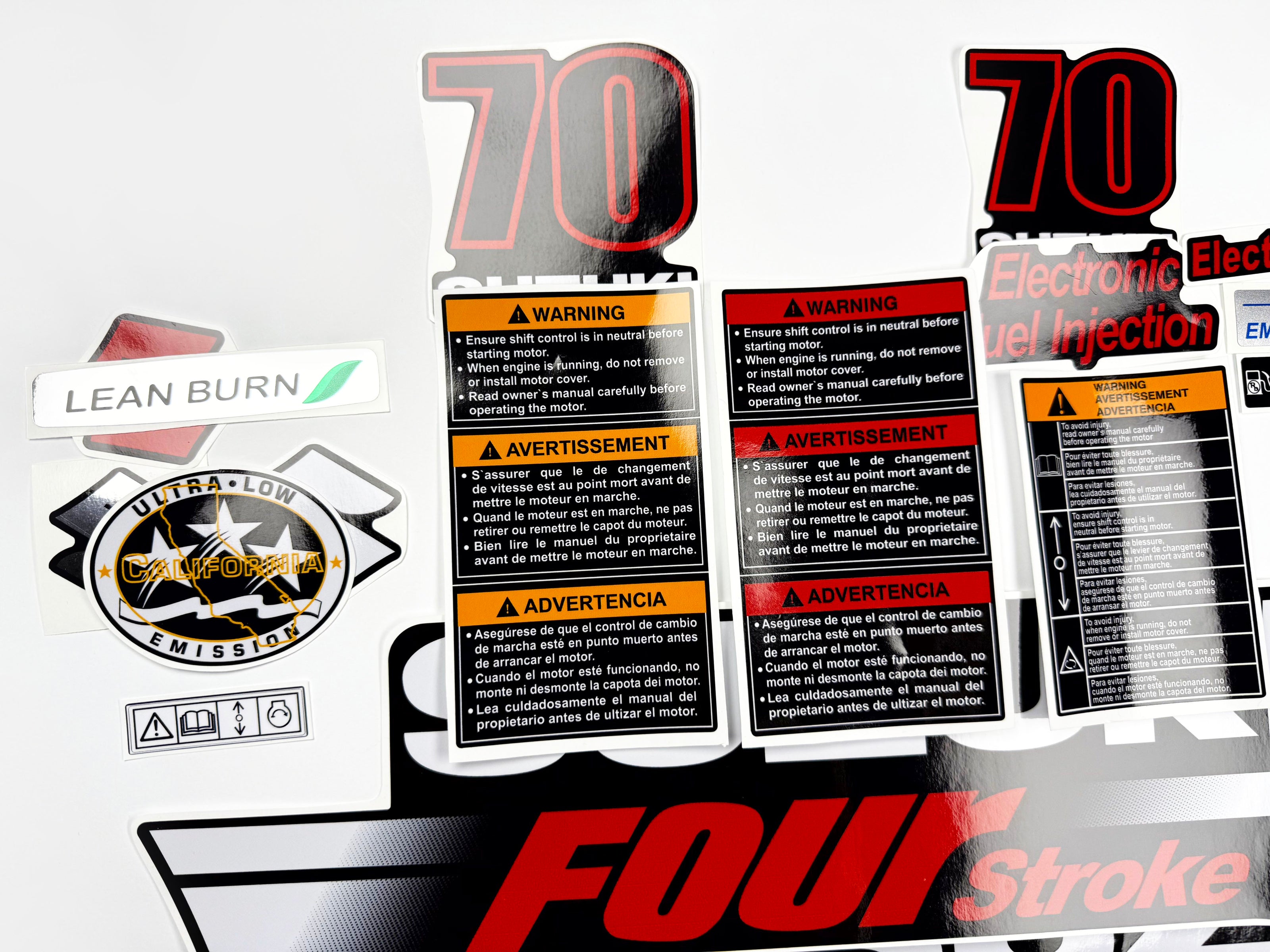 Vinyl graphic decals set suitable for Suzuki 70 hp four stroke outboard engine. Vinyl stickers kit for suzuki 70 hp four stroke Handmade