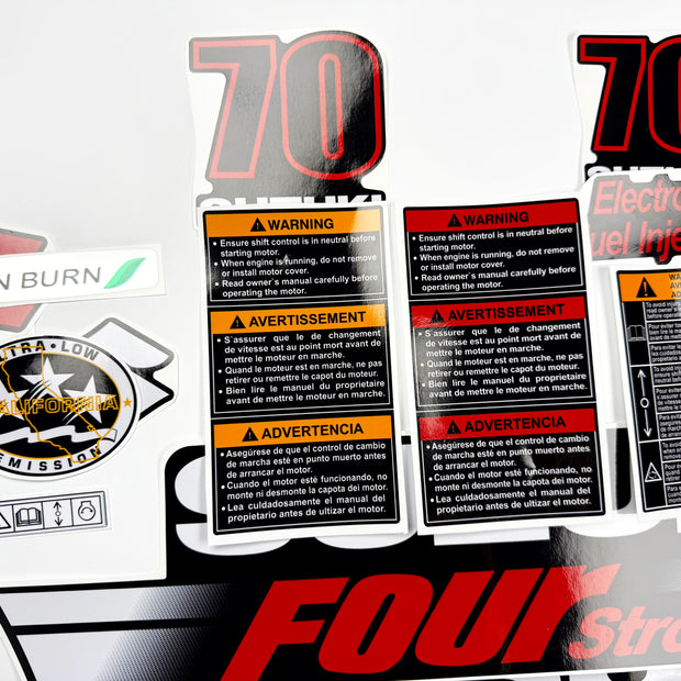 Vinyl graphic decals set suitable for Suzuki 70 hp four stroke outboard engine. Vinyl stickers kit for suzuki 70 hp four stroke Handmade