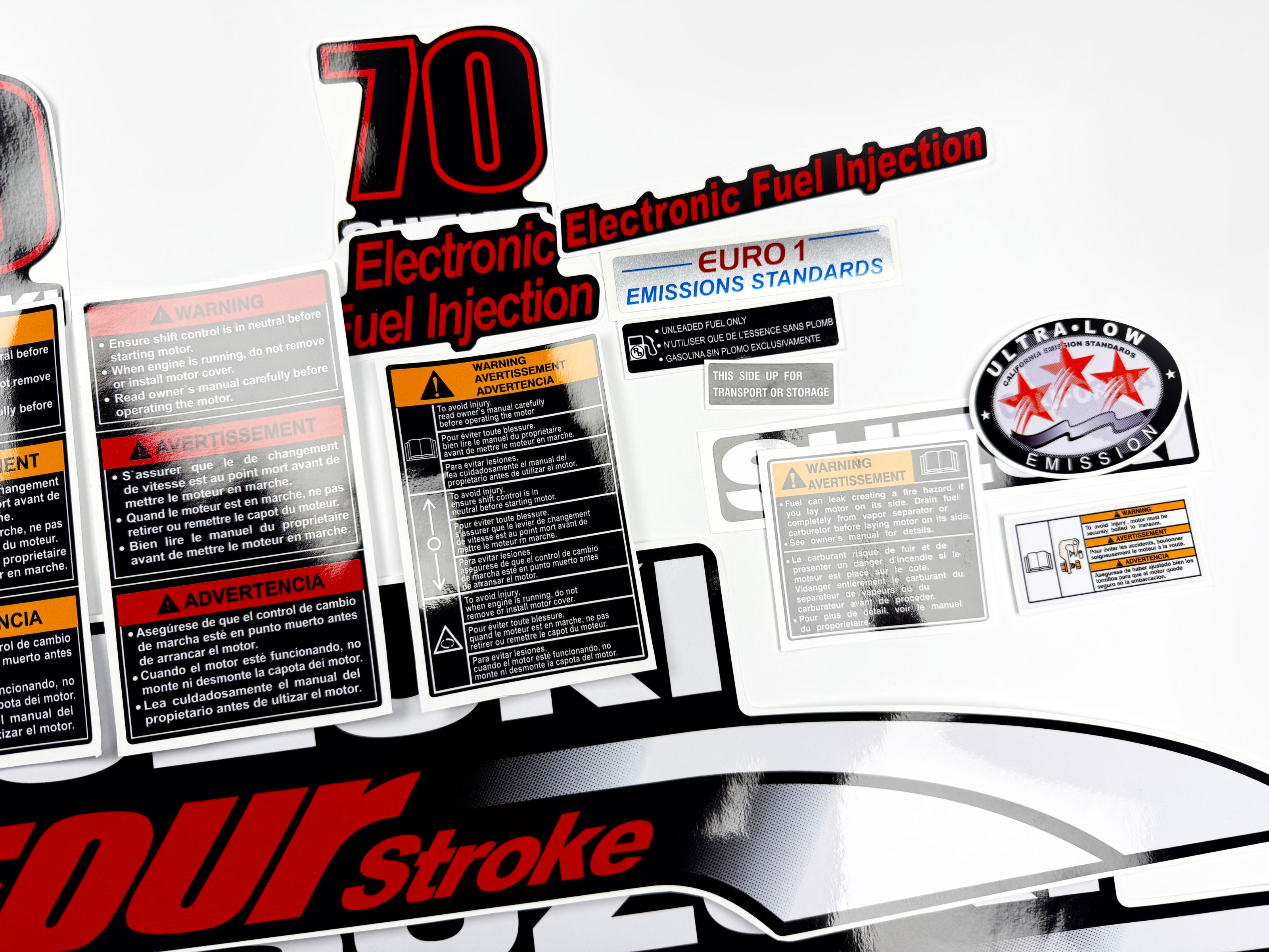 Vinyl graphic decals set suitable for Suzuki 70 hp four stroke outboard engine. Vinyl stickers kit for suzuki 70 hp four stroke Handmade