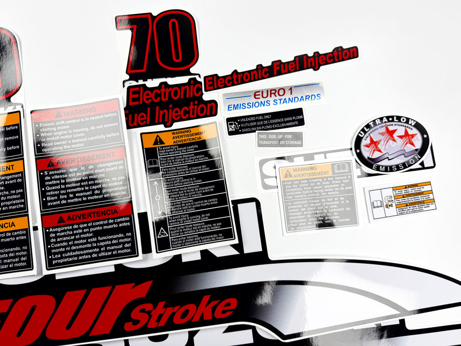 Vinyl graphic decals set suitable for Suzuki 70 hp four stroke outboard engine. Vinyl stickers kit for suzuki 70 hp four stroke Handmade